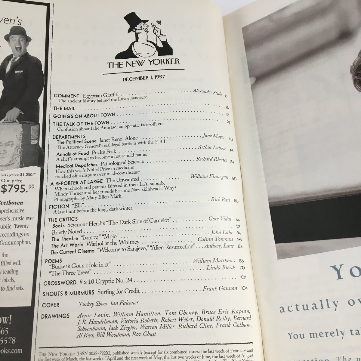 Table of contents page from The New Yorker Magazine, December 1, 1997, outlining articles, features, and illustrations, including the Turkey Shoot cover by Ian Falconer.