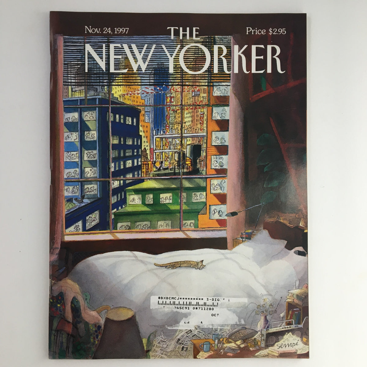 Cover of The New Yorker Magazine, November 24, 1997, featuring the illustration 'Luxurious, Quiet & Cozy' by J.J. Sempé, showcasing a cozy interior view of a city with vibrant colors and a playful atmosphere.