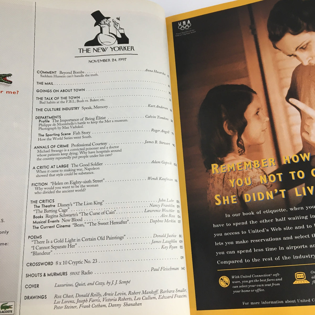 Interior page of The New Yorker Magazine from November 24, 1997, showcasing the table of contents and advertisements, including the artistic illustration "Luxurious, Quiet & Cozy" by J.J. Sempé. This page provides a glimpse into the articles and cultural discussions present in this vintage issue.
