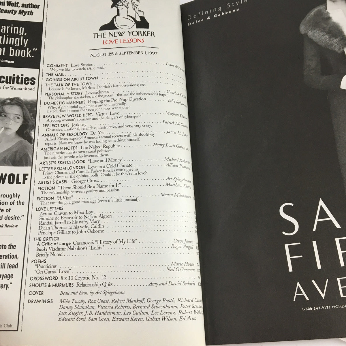 Interior page of The New Yorker Magazine from August 25, 1997, featuring the 'Love Lessons' theme with various articles and illustrations, including a mention of Art Spiegelman's work. This edition showcases contemporary literature and art.