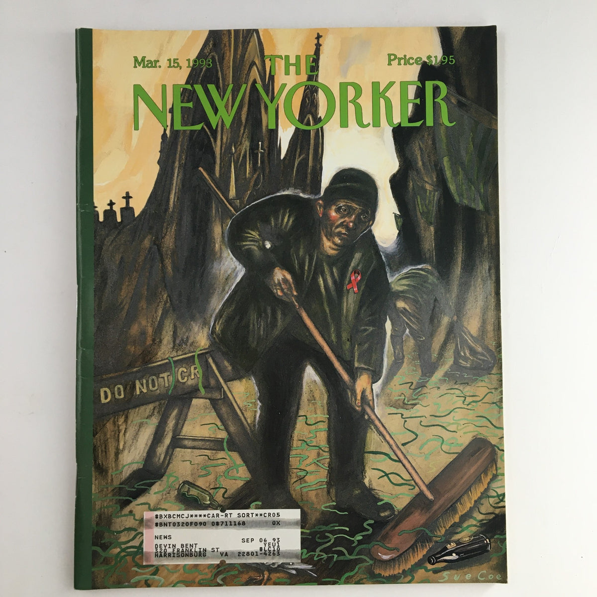 Cover of The New Yorker Magazine, March 15, 1993, featuring an illustration titled St. Patrick's Day Broomstick by Sue Coe, showcasing themes of celebration and artistry.