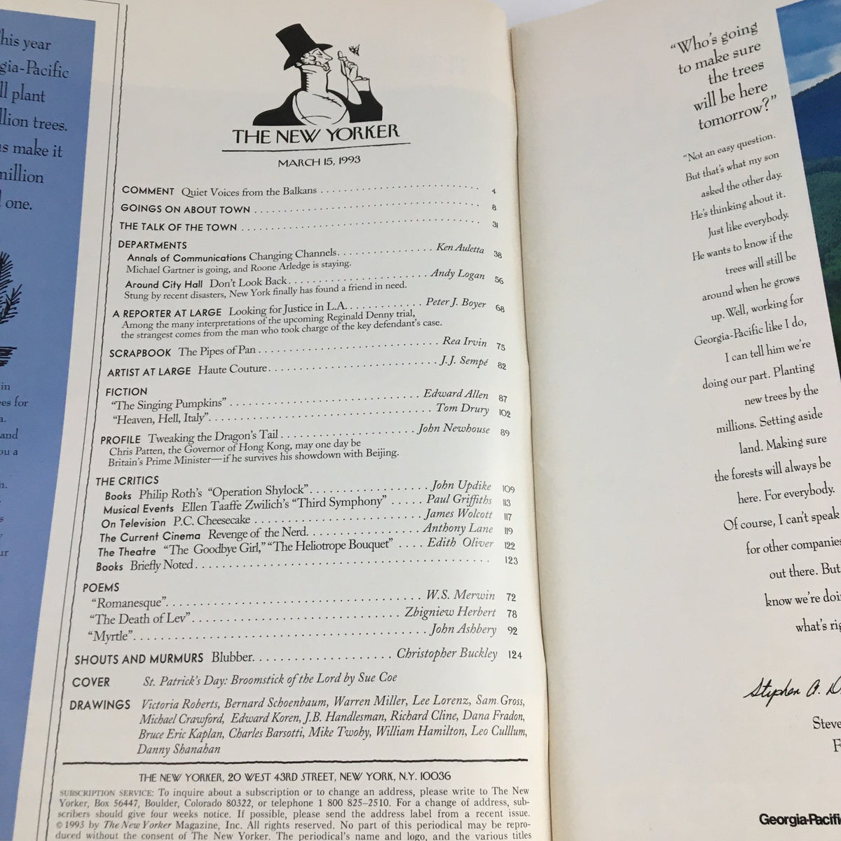 Interior page of The New Yorker Magazine, March 15, 1993, displaying the table of contents, highlighting articles and features, emphasizing its journalistic significance.