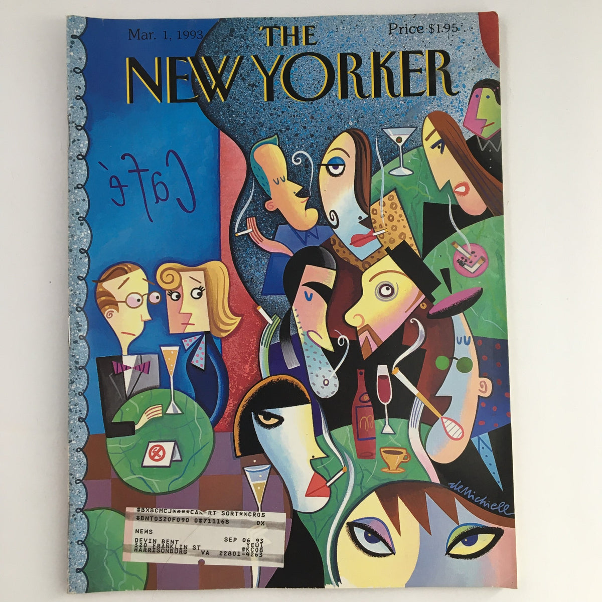 Cover of The New Yorker Magazine March 1, 1993 featuring the artwork for 'Secondhand Smoke' by Robert deMichiell, showcasing a colorful illustration of diverse characters in a social setting.