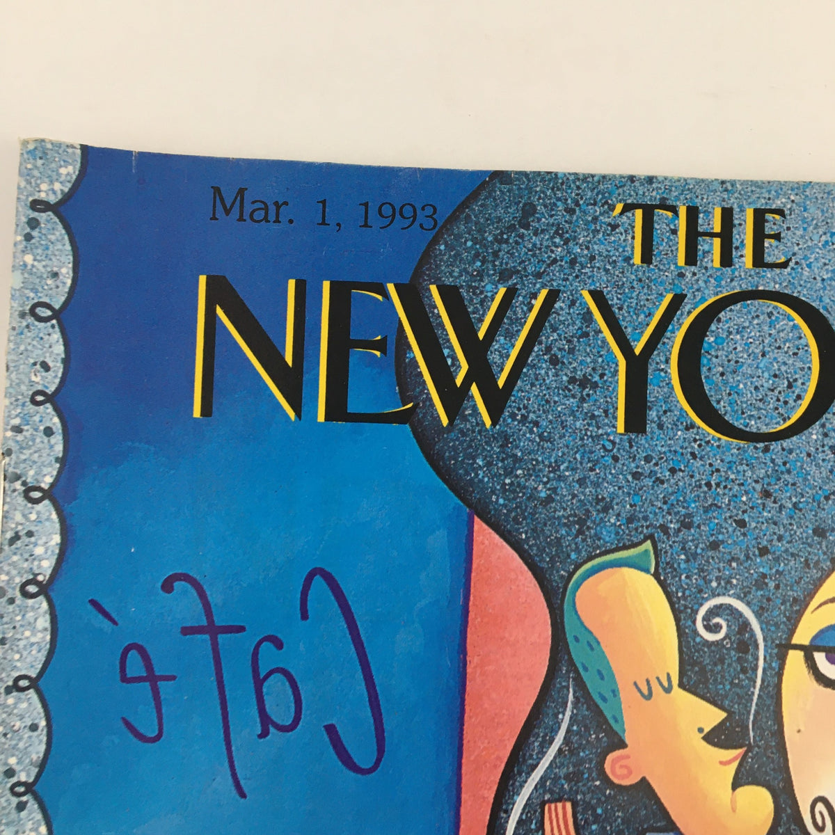 Top section of The New Yorker Magazine March 1, 1993 cover with the date and title, featuring unique illustration elements by Robert deMichiell.