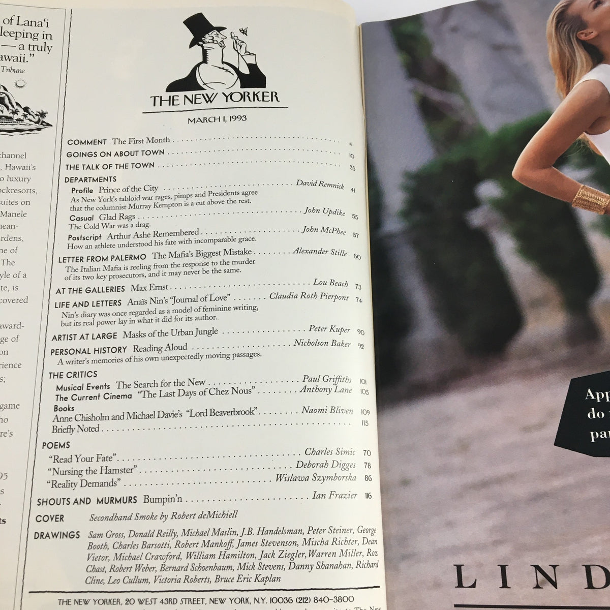 Table of contents page from The New Yorker Magazine March 1, 1993 listing articles including 'Secondhand Smoke' by Robert deMichiell, highlighting various sections and contributors.
