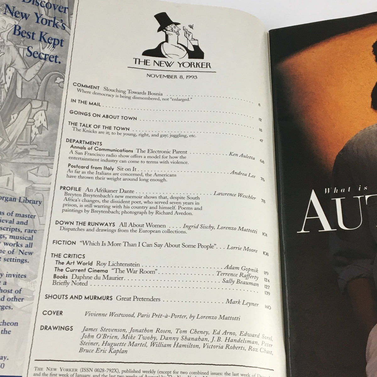 Inside spread of The New Yorker Magazine from November 8, 1993, displaying the contents page, including articles and features related to Paris Pret-a-Porter, with contributions from Lorenzo Mattotti.