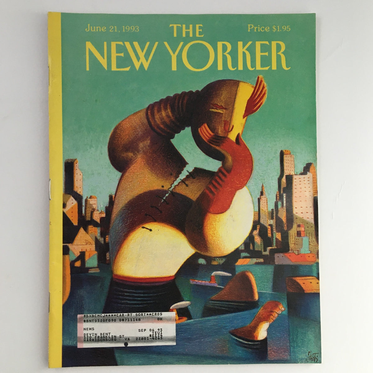 The New Yorker Magazine June 21 1993 featuring the cover artwork 'Mannahatta Rising' by Lorenzo Mattotti, showcasing vibrant illustrations of a stylized figure and Manhattan skyline.