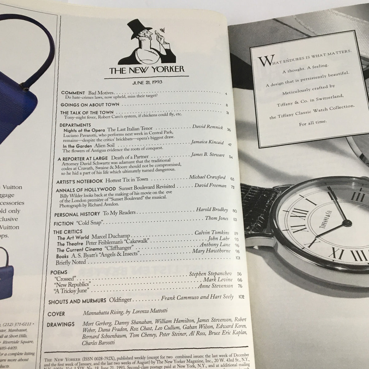 Contents page of The New Yorker Magazine June 21 1993 featuring the cover story 'Mannahatta Rising' by Lorenzo Mattotti, with a list of departments and articles, showcasing the magazine's editorial layout.