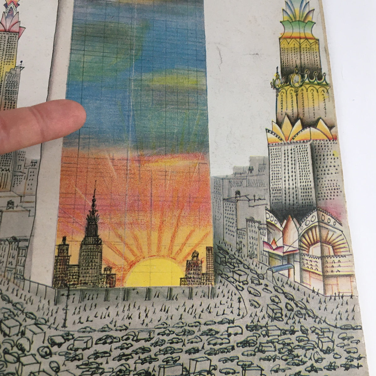 Detail of The New Yorker Magazine April 2, 1960 showing vibrant artwork and cityscape.