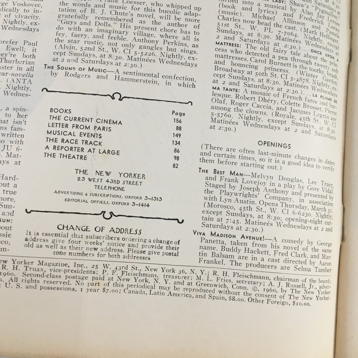 Contents and advertisements from The New Yorker Magazine April 2, 1960 highlighting cultural events.