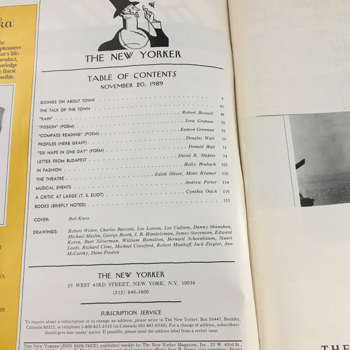 Table of contents page of The New Yorker Magazine, November 20, 1989, listing articles and features included in this vintage publication.