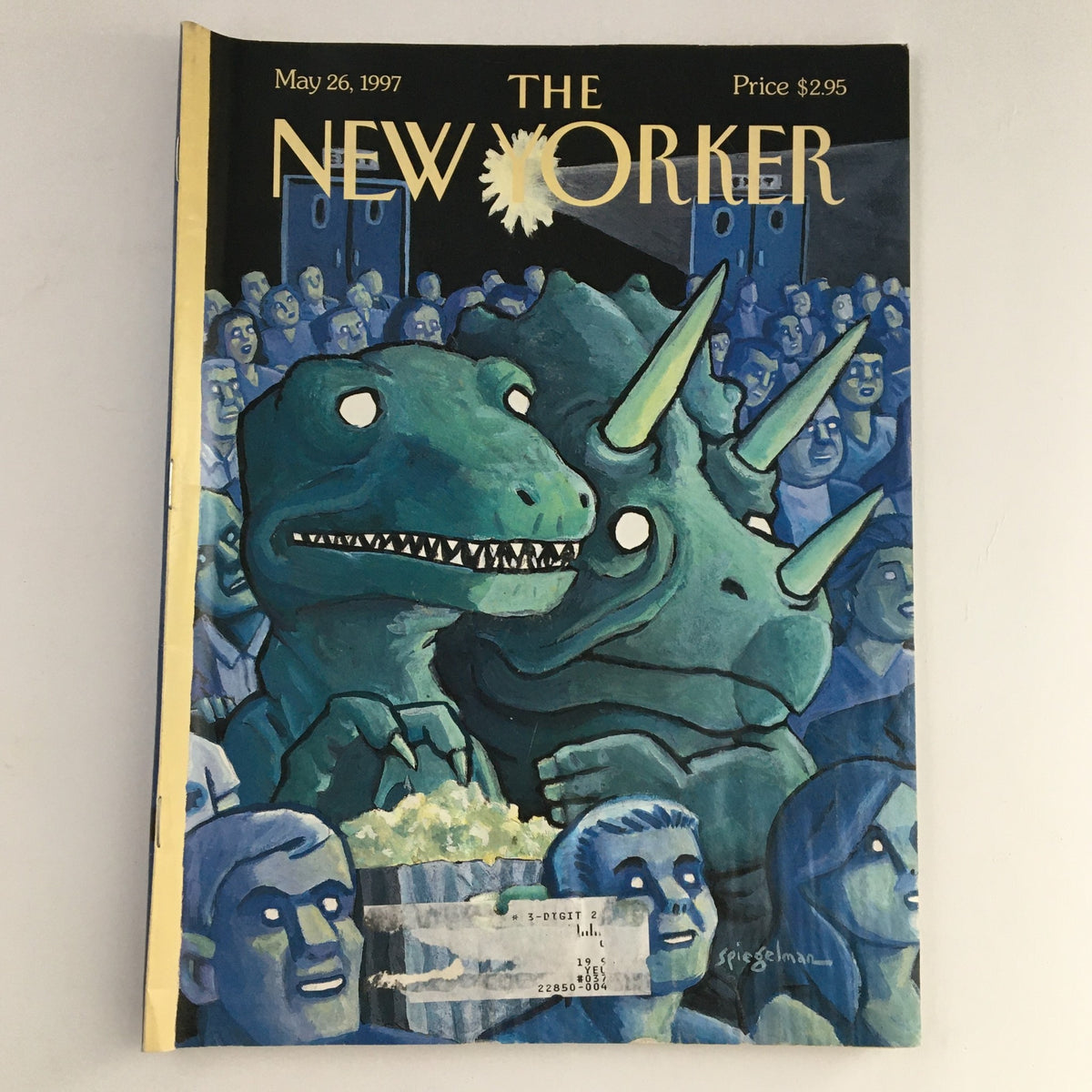 The New Yorker Magazine May 26 1997 cover featuring 'Call 911' film art by Art Spiegelman, showcasing vibrant dinosaur characters in a cinema audience.