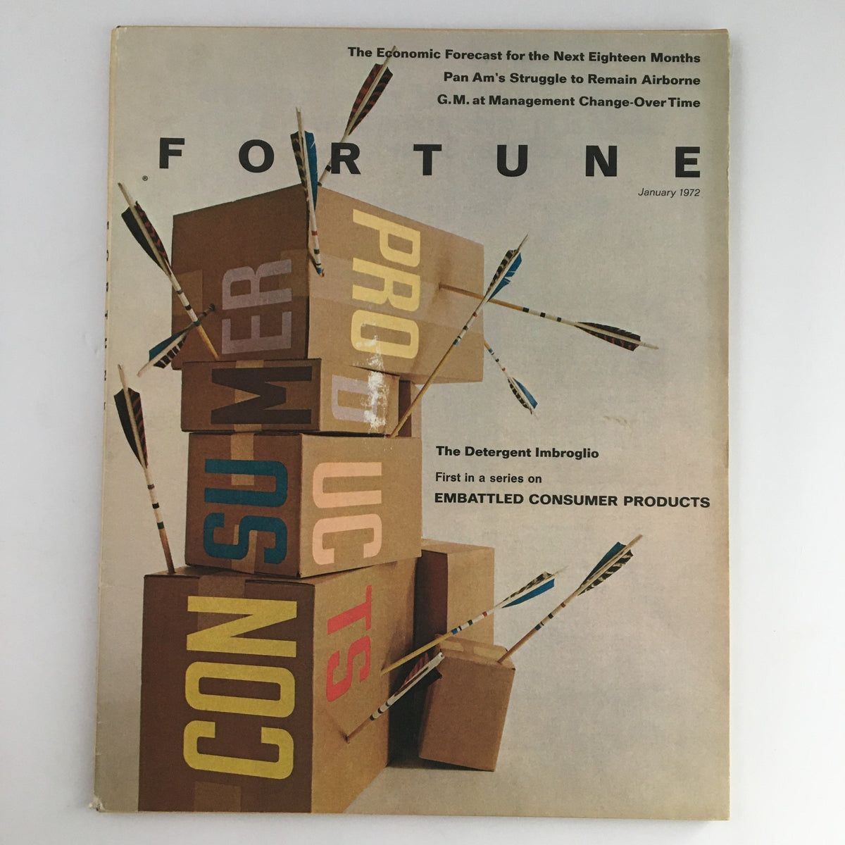 Cover of Fortune Magazine, January 1972, featuring the title 'The Detergent Imbroglio: Embattle Consumer Products'. The cover showcases colorful cardboard boxes labeled with words 'CONSUMER' and 'PRODUCTS', accented by arrows, emphasizing the competitive landscape of consumer products during the early 1970s.