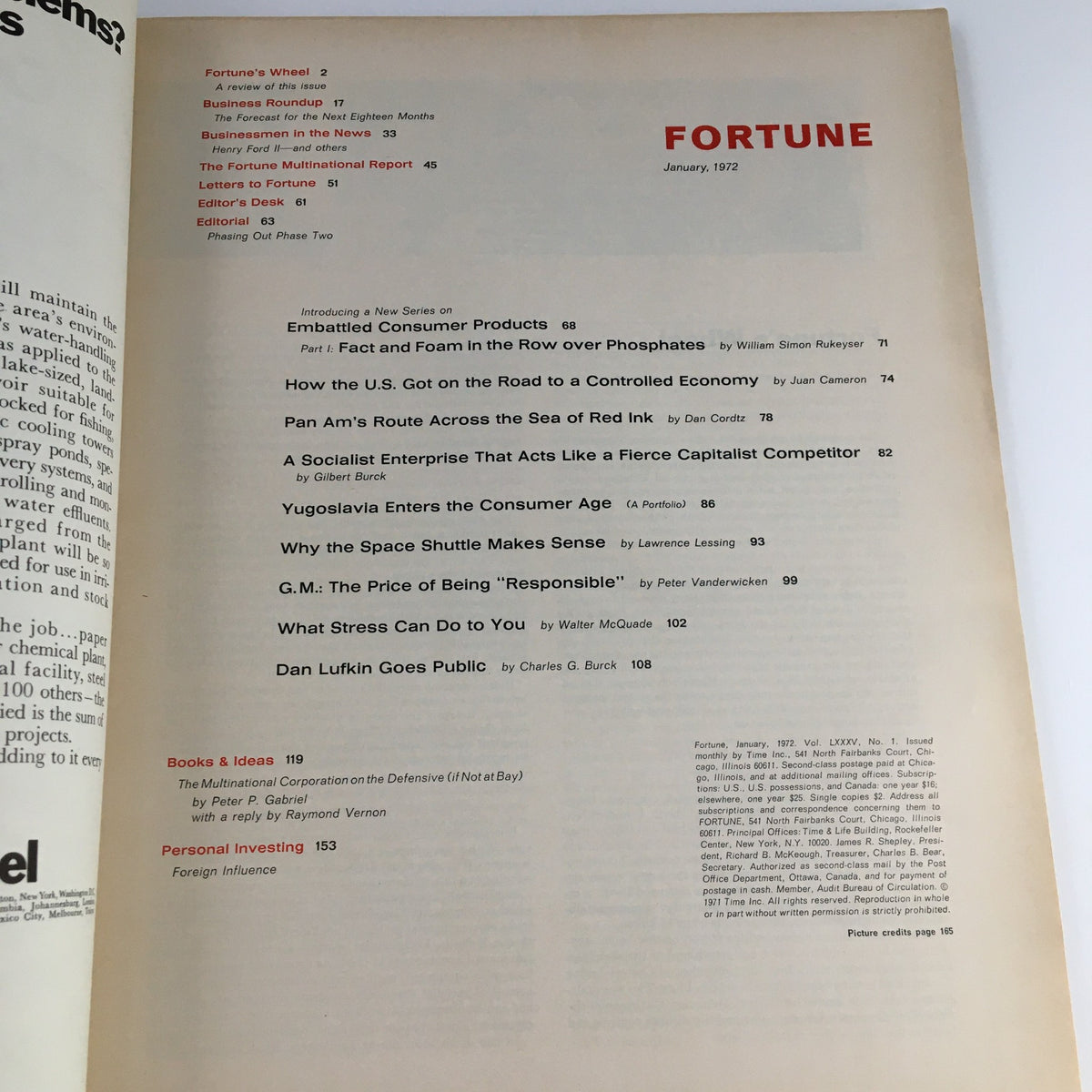 Interior page of Fortune Magazine January 1972 showcasing the table of contents including features on embattled consumer products and insights into market trends.