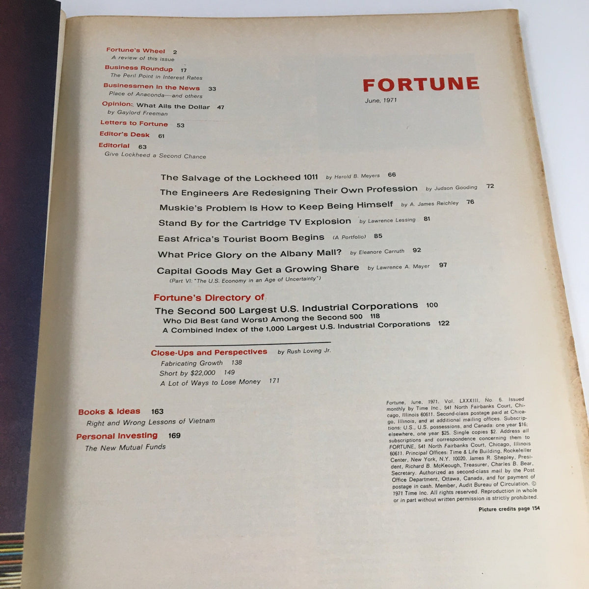 Inside page of Fortune Magazine June 1971 presenting the table of contents featuring articles on capital goods and industrial corporations.