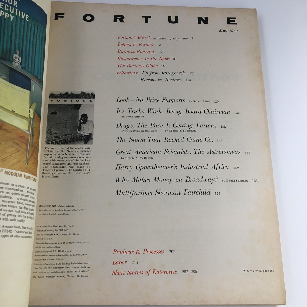 Table of contents from Fortune Magazine May 1960, highlighting notable articles including Harry Oppenheimer's Industrial Africa.