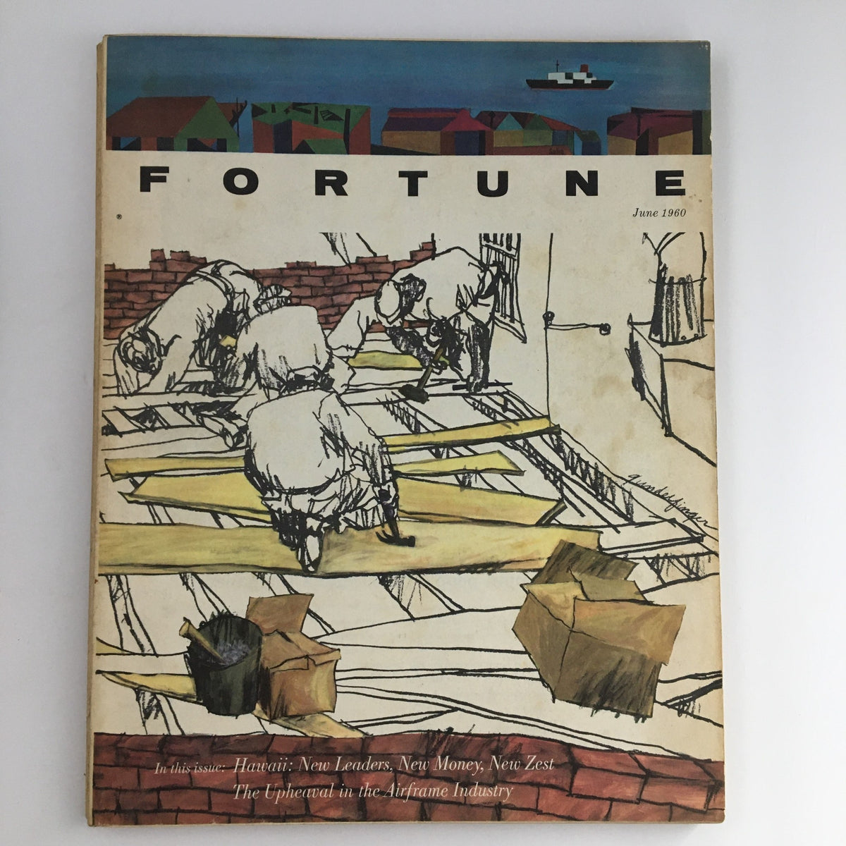 Fortune Magazine June 1960 cover featuring an artistic illustration depicting workers and materials related to the airframe industry, titled 'The Upheaval in the Airframe Industry.'