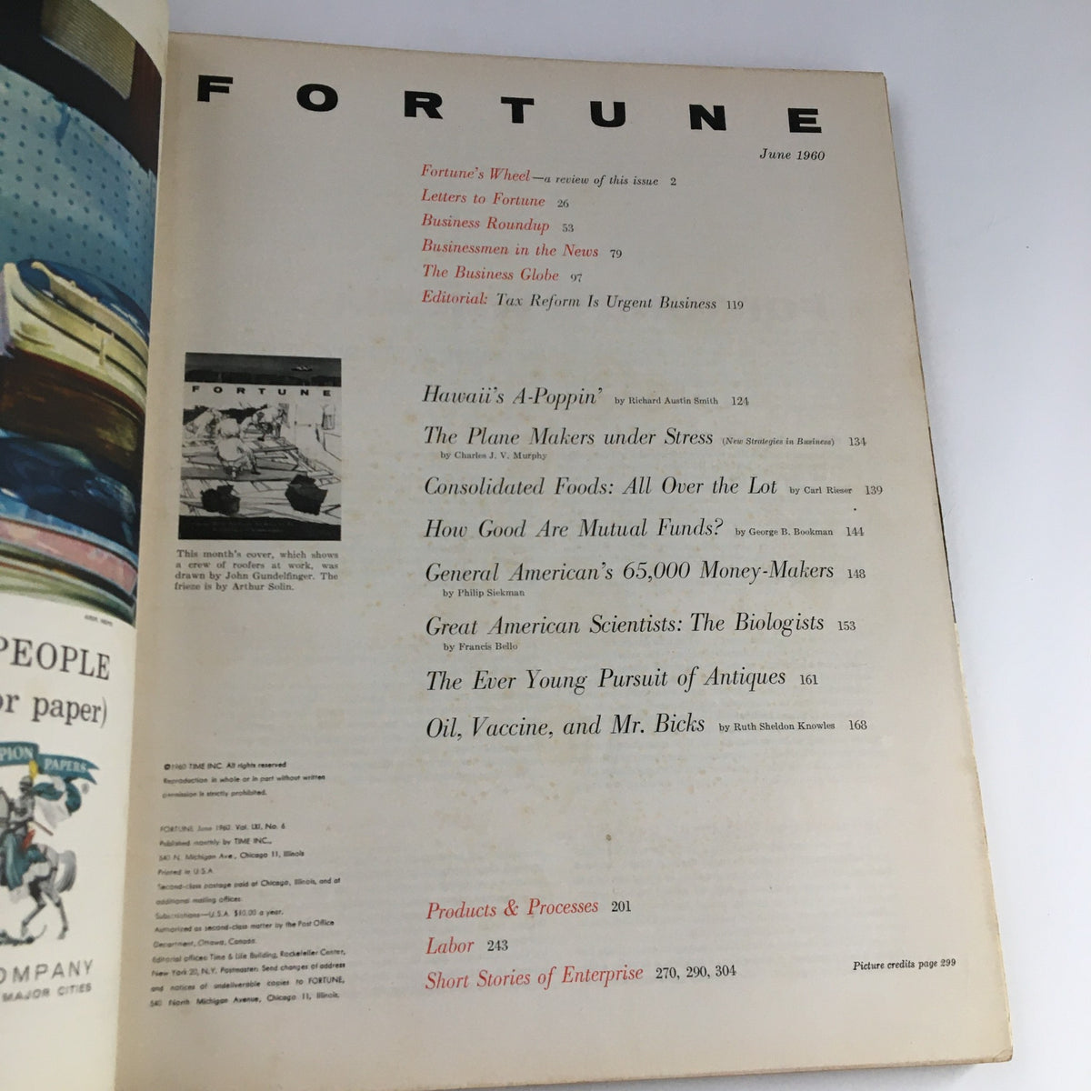 Table of contents page from Fortune Magazine June 1960, outlining articles such as 'The Plane Makers under Stress.' This historic magazine provides insights into the airframe industry during a transformative period.