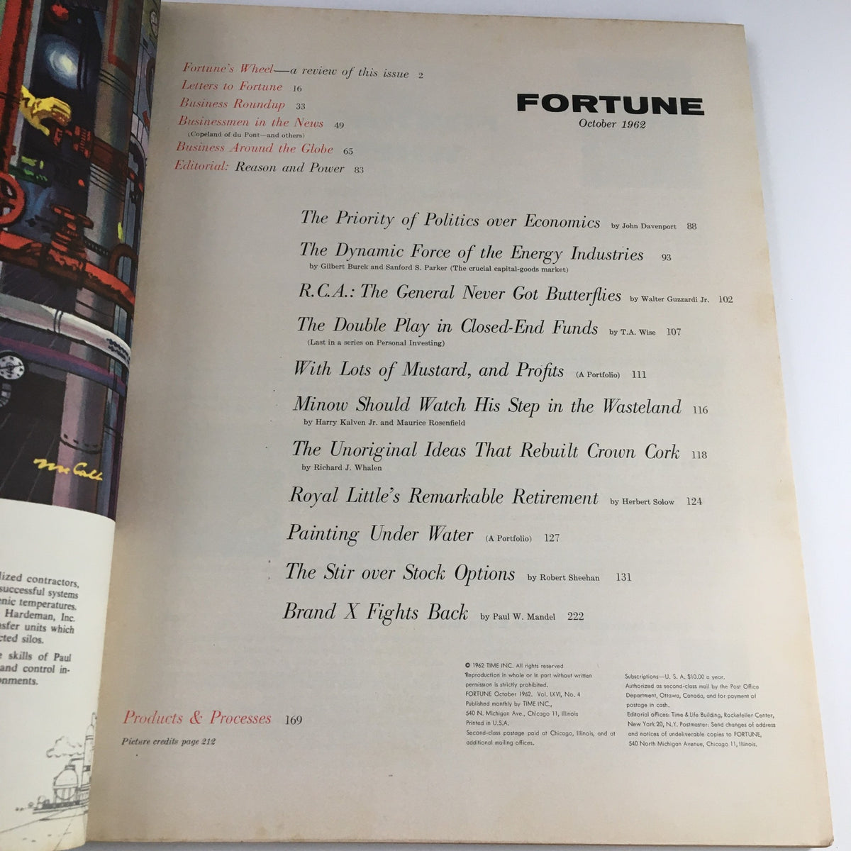 Inside page of the Fortune Magazine October 1962, displaying the table of contents with articles including 'The Stir over Stock Options', indicating its historical context.