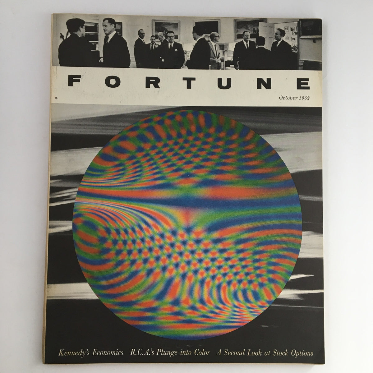 Cover of Fortune Magazine October 1962 featuring a striking visual design related to Kennedy's Economics and RCA's technology innovations.