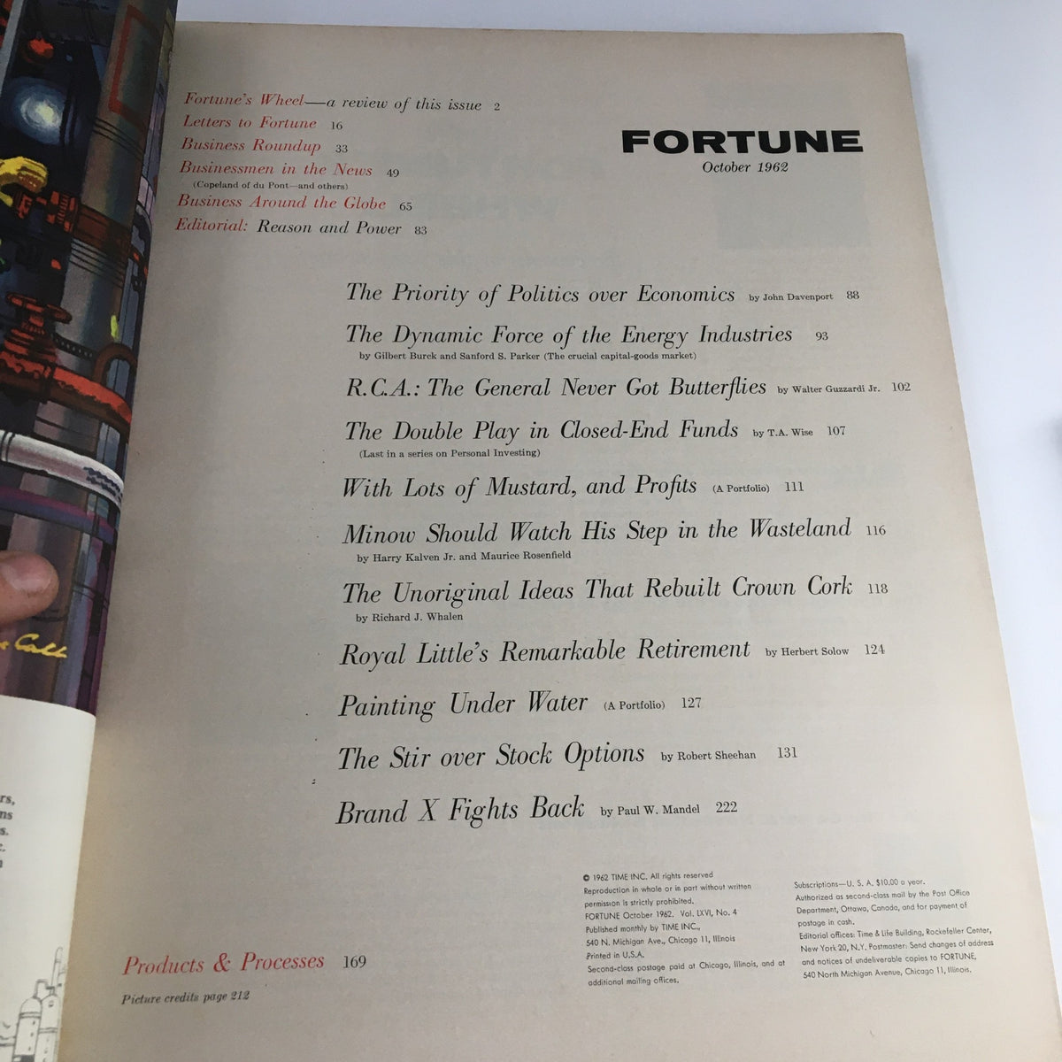 Table of contents page from the October 1962 issue of Fortune Magazine, highlighting key articles including Kennedy's Economics and RCA's Colors.