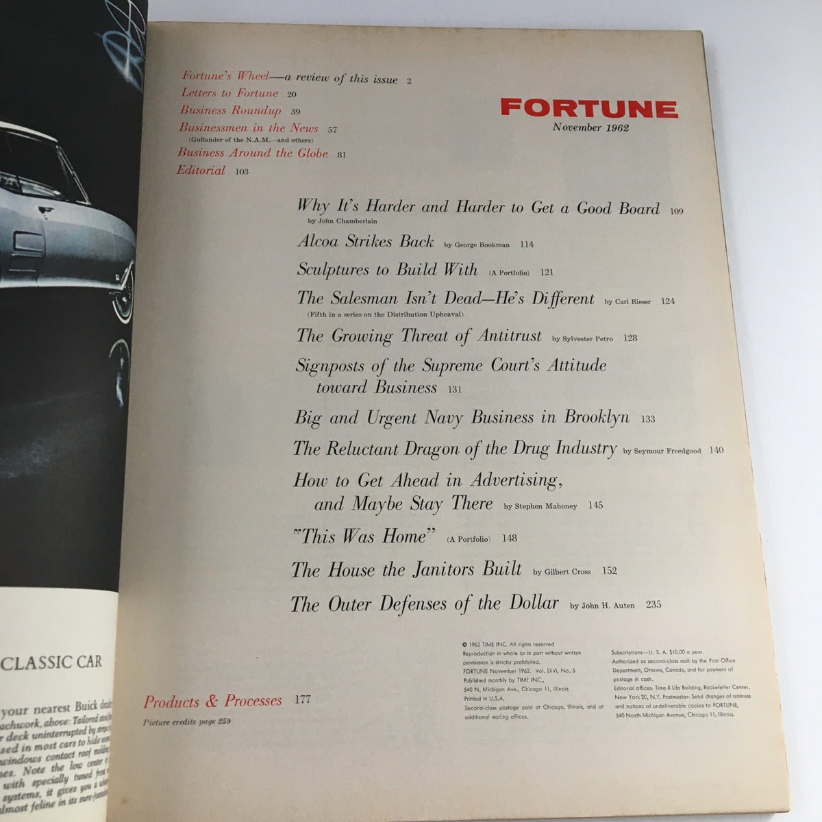 Table of contents from Fortune Magazine November 1962, listing articles including 'Are Boards of Directors Doing Their Jobs?' and others related to business.