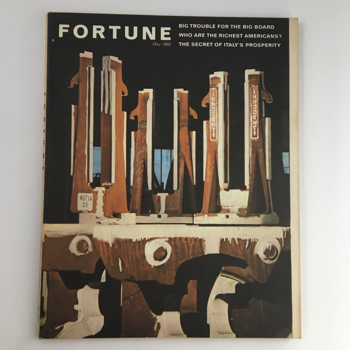 Fortune Magazine May 1968 cover featuring an artistic depiction of industrial machinery, highlighting the issue's theme 'The Secret of Italy's Prosperity.' This vintage magazine is a historical treasure for collectors.