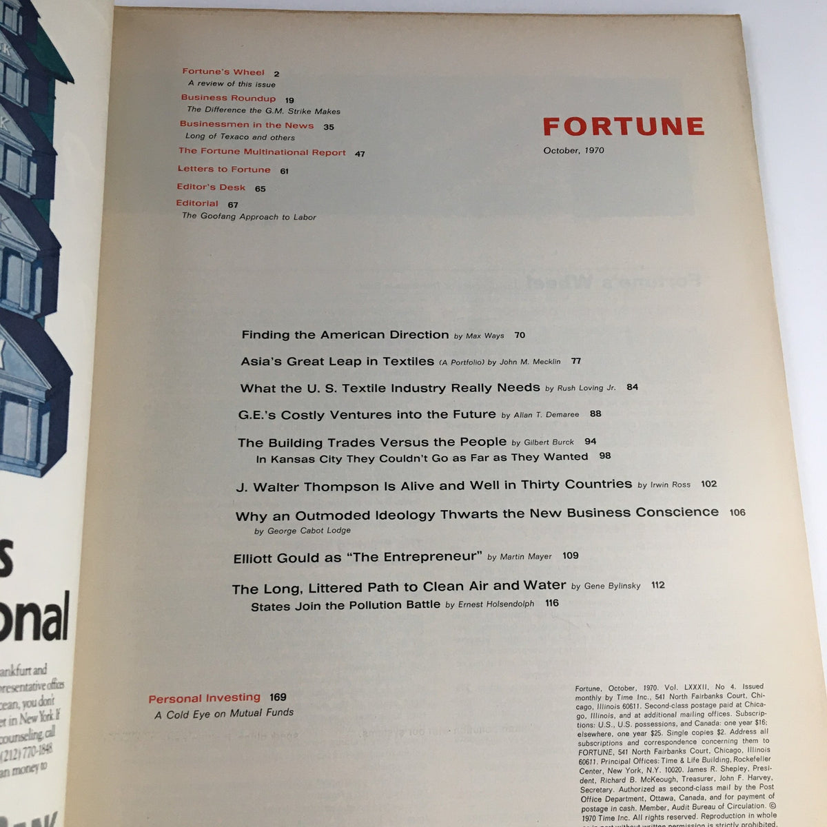 Table of contents from the October 1970 issue of Fortune Magazine, including the article 'J. Walter Thompson is Alive and Well' among others, reflecting the magazine's content and theme.