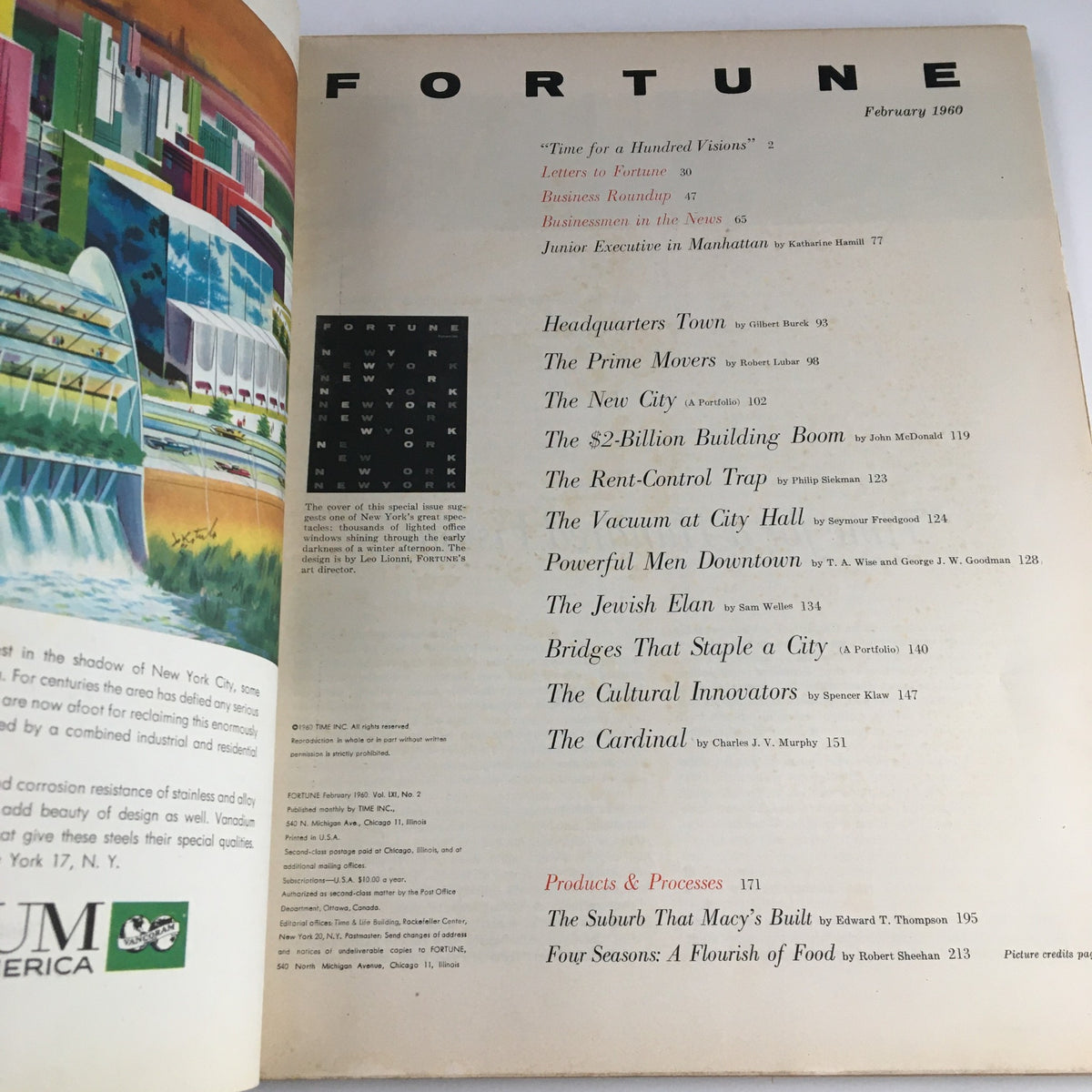 Inside page of Fortune Magazine February 1960 showcasing the table of contents including features like 'Headquarters Town' and 'The Prime Movers'.
