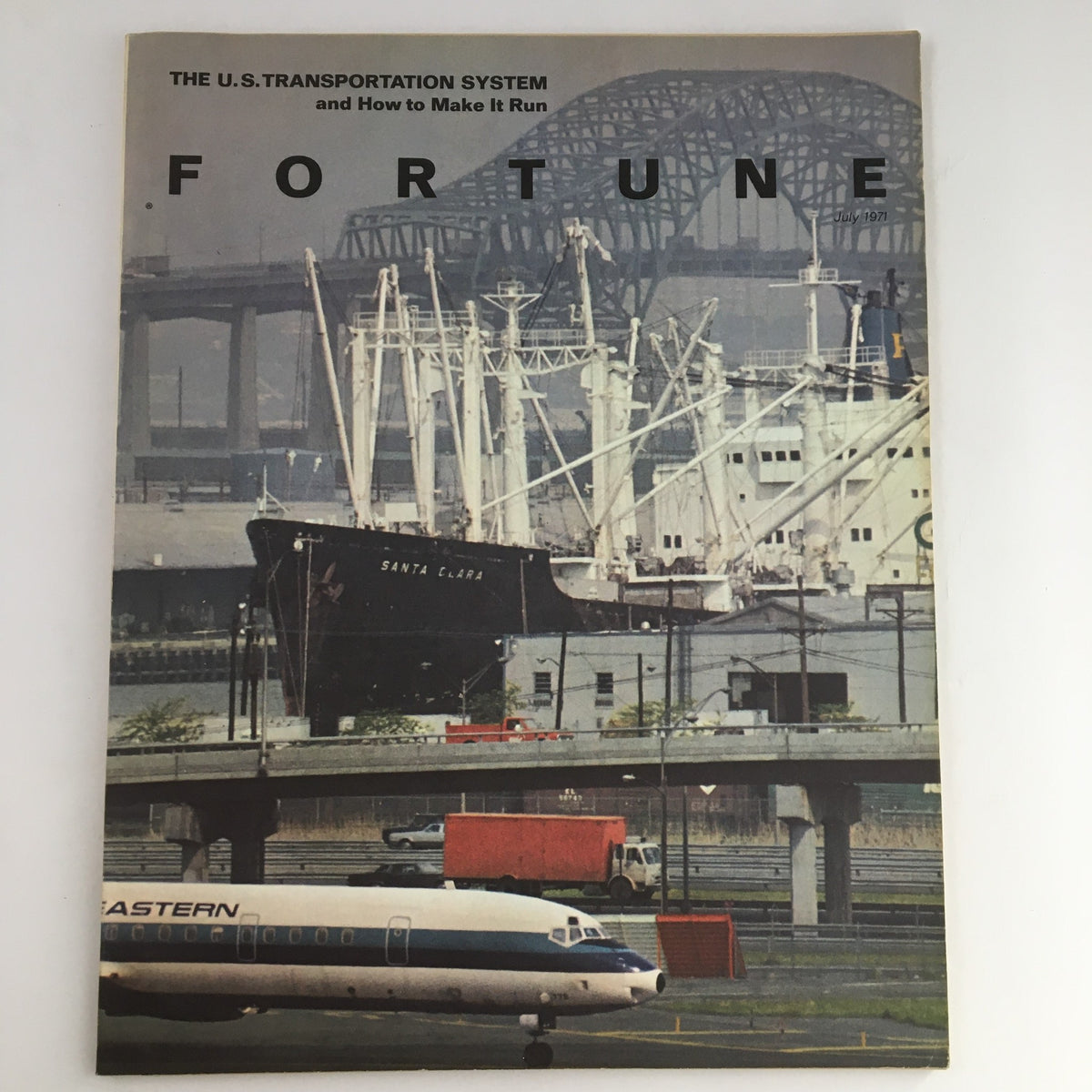 Cover of Fortune Magazine July 1971, titled 'Transportation's Troubled Abundance', featuring a photograph of ships and an airplane, highlighting the transportation industry.