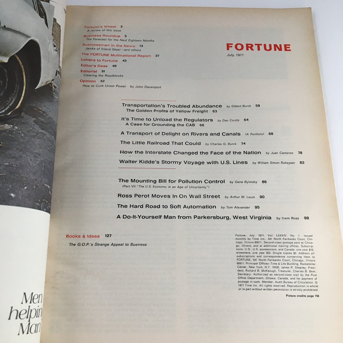 Table of contents page from Fortune Magazine July 1971, featuring articles related to 'Transportation's Troubled Abundance', offering insights into historical transportation issues.