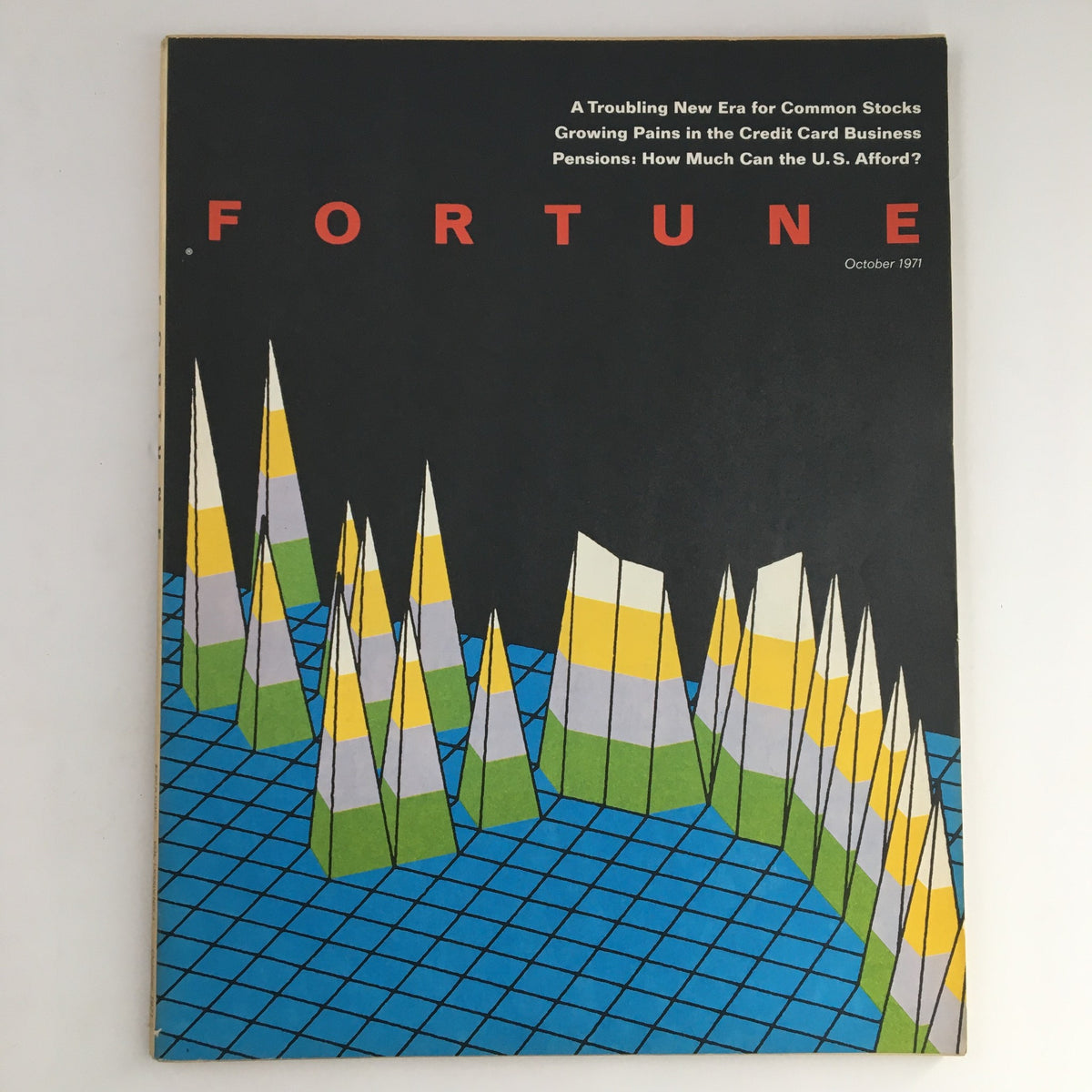 Cover of Fortune Magazine from October 1971 featuring the title 'A Troubling New Era for Common Stocks' with colorful graphical peaks and blue grid background.