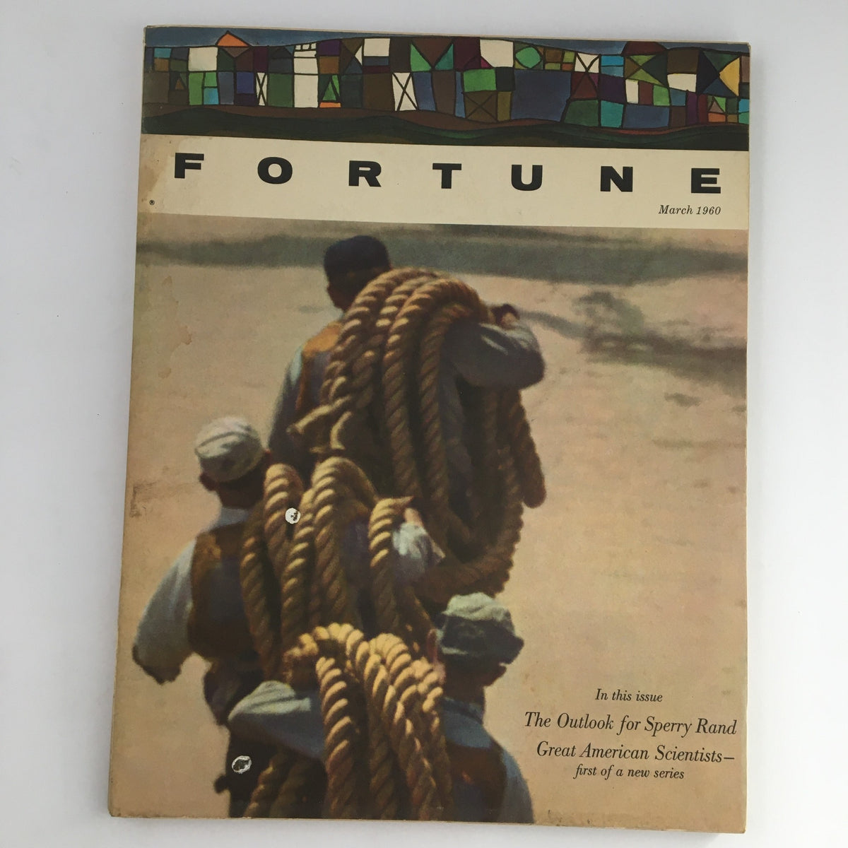 Cover of Fortune Magazine March 1960 featuring the headline 'The Outlook for Sperry Rand' with artwork depicting figures carrying ropes.
