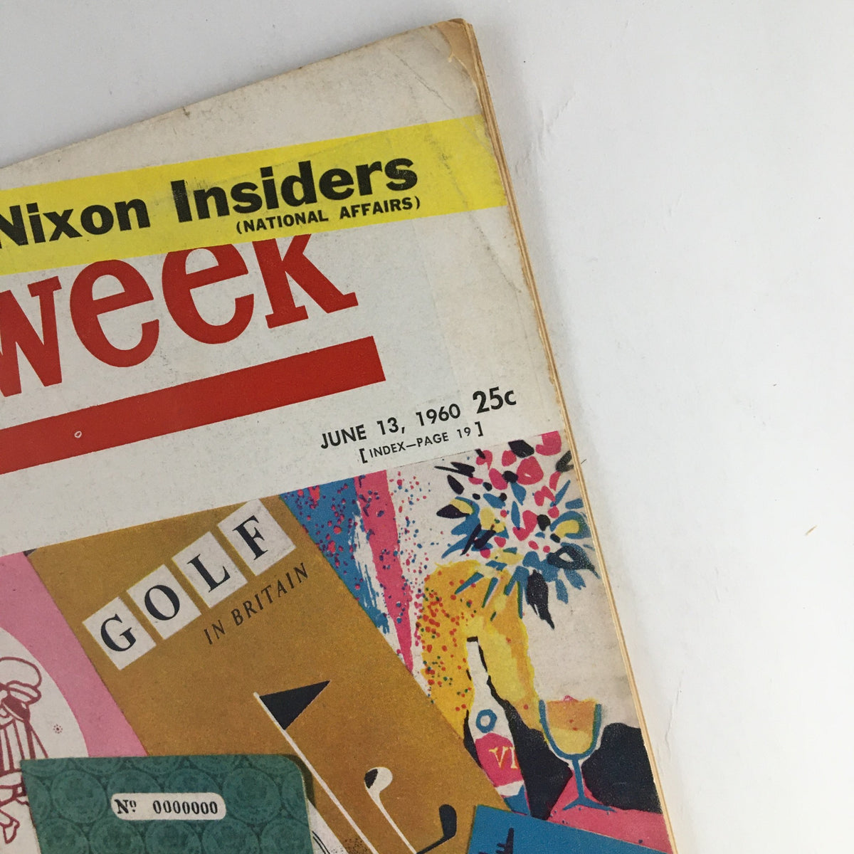 Close-up view of the cover of Newsweek Magazine June 13, 1960, featuring 'The Nixon Insiders'. The image highlights the title and date, along with colorful graphics related to sports and politics.