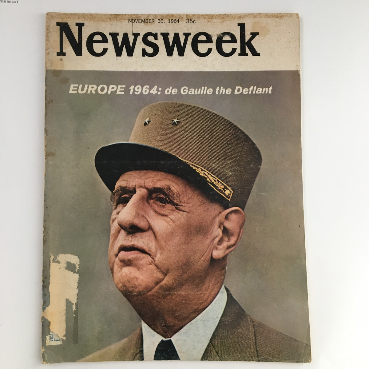 Vintage Newsweek magazine cover from November 30, 1964 featuring 'Europe 1964: de Gaulle the Defiant' showcasing a portrait of Charles de Gaulle.