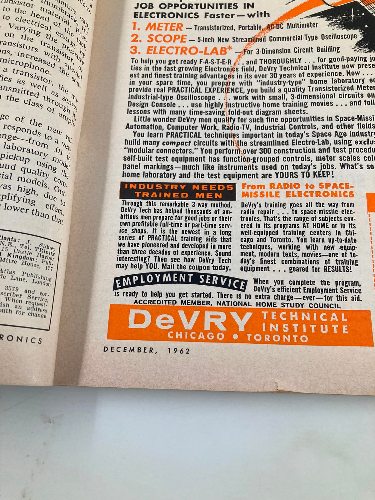 VTG Radio-Electronics Magazine December 1962 interior page featuring a job advertisement for DeVry Technical Institute highlighting electronics training opportunities.