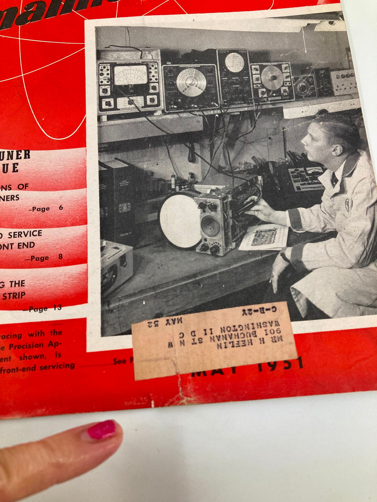 Close-up view of the cover of VTG Radio and Television Maintenance Magazine May 1951, highlighting the 'Functions of TV Tuners' issue with technical equipment in the background.