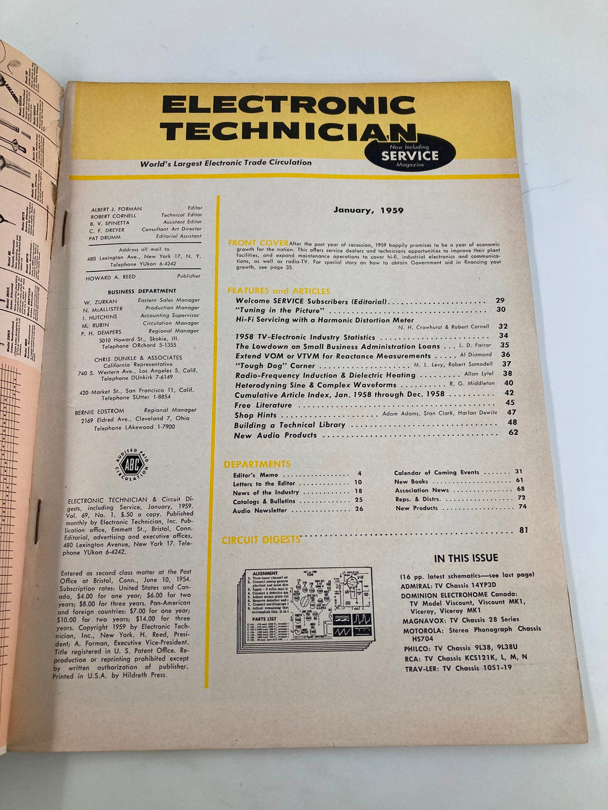 Interior page of VTG Electronic Technician Magazine January 1959, displaying the magazine's table of contents, features, and notable articles related to the electronics industry.