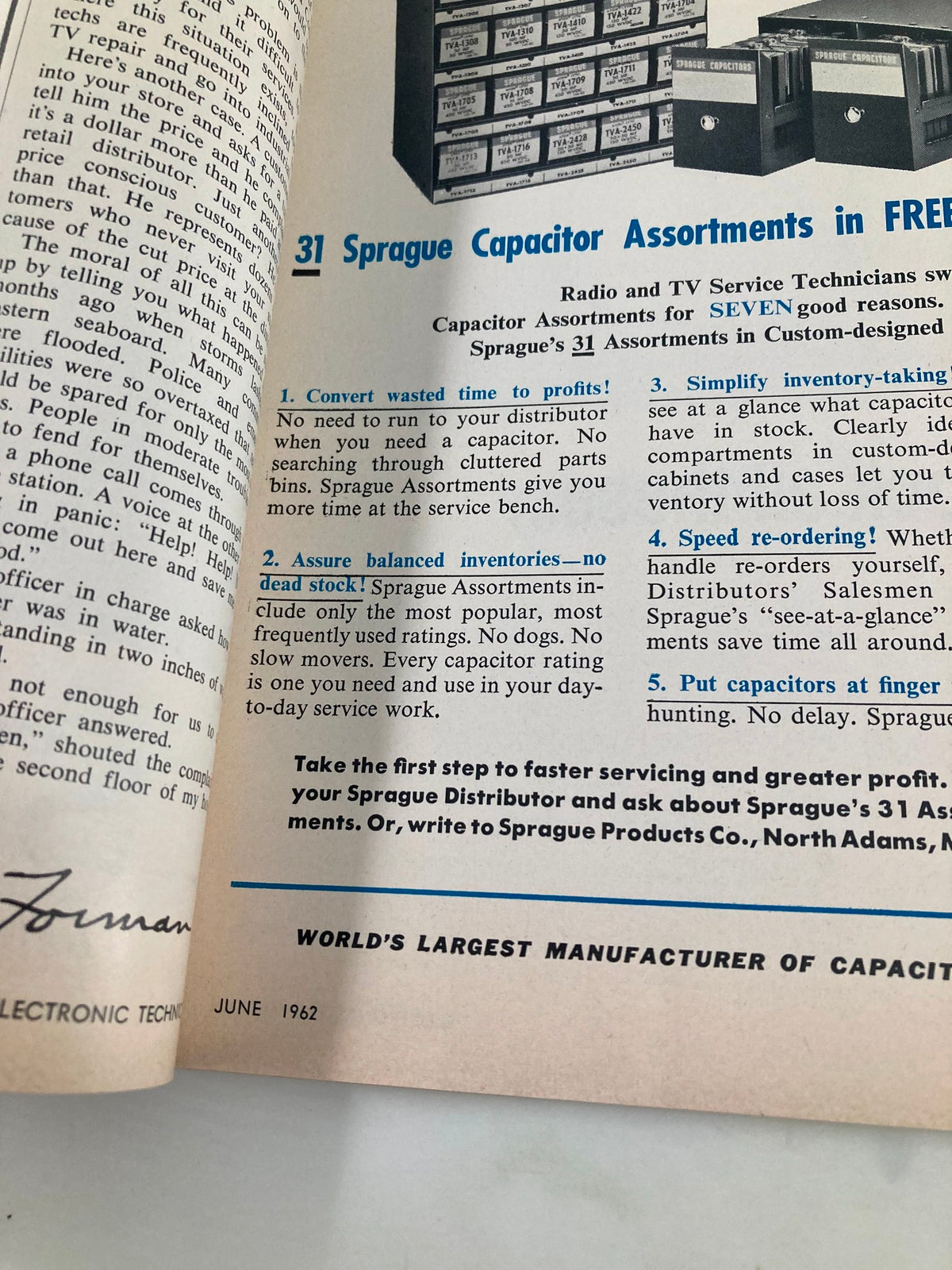 Inside page of the VTG Electronic Technician Magazine June 1962, highlighting Sprague Capacitor Assortments for radio and TV service technicians, focused on inventory efficiency and servicing tips.