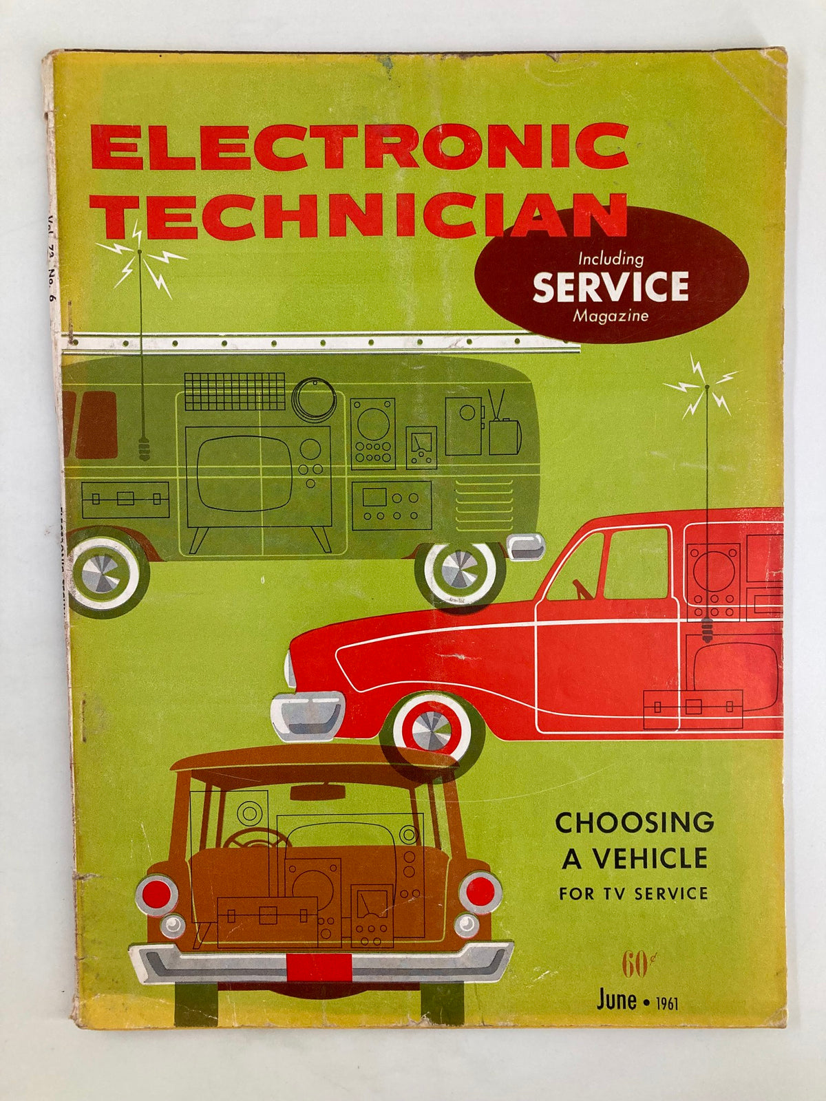 Cover of VTG Electronic Technician Magazine June 1961 featuring colorful graphics emphasizing 'Choosing A Vehicle for TV Service' with illustrations of service vehicles.