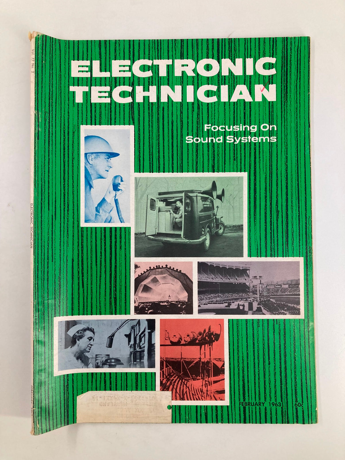 Cover of VTG Electronic Technician Magazine February 1963, featuring a focus on sound systems with a green striped background and various images related to audio technology.