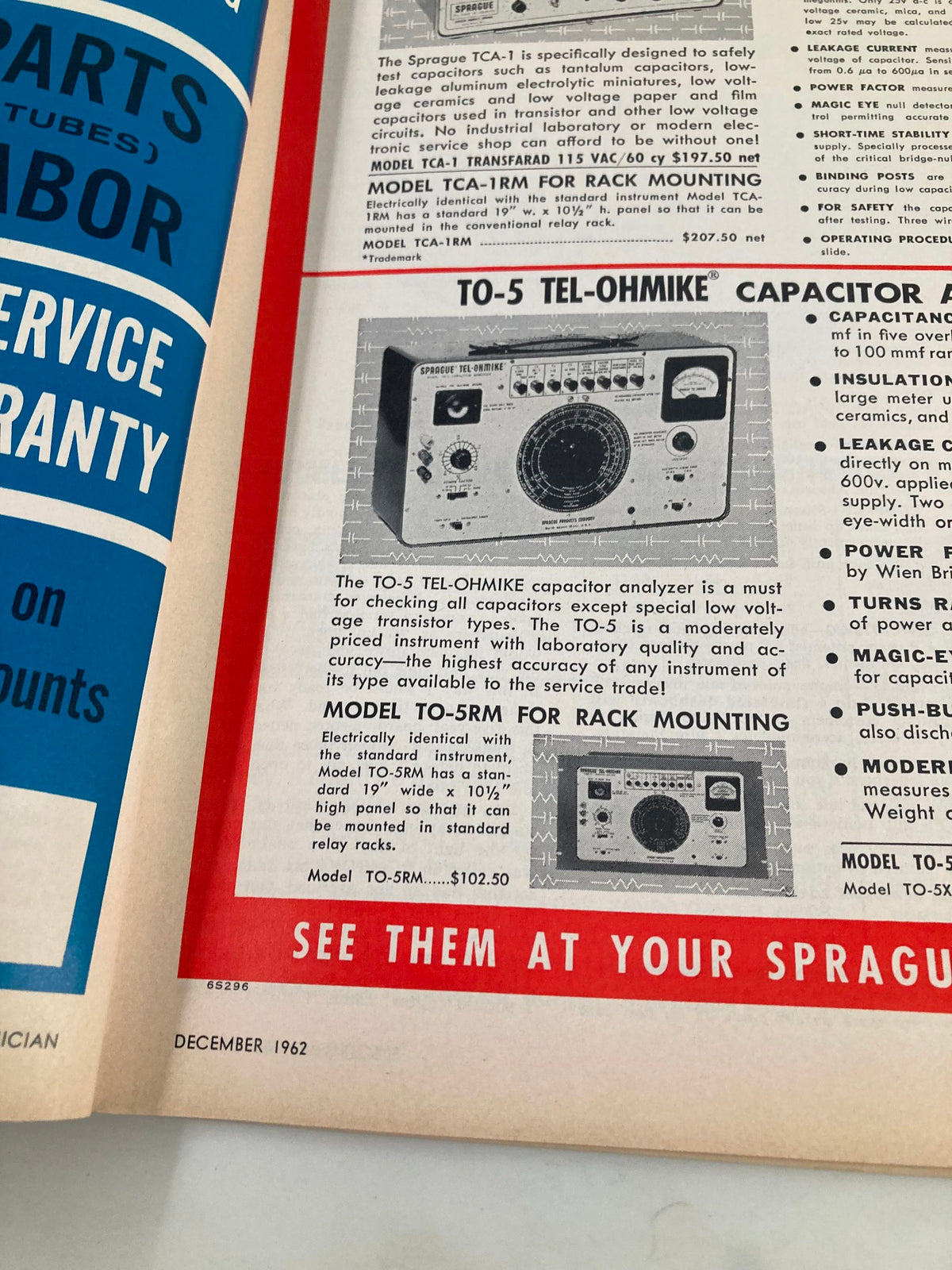 Inside page of VTG Electronic Technician Magazine, December 1962, displaying detailed information about the TO-5 Tel-Ohmike capacitor analyzer, and various electronic equipment with technical specifications.