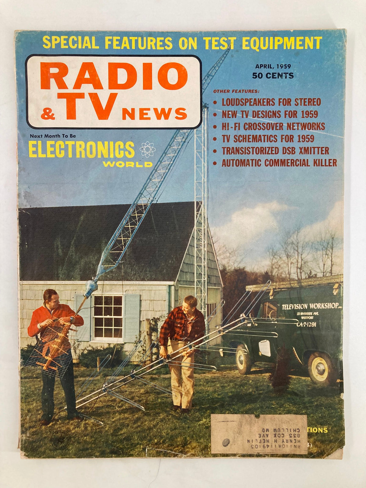VTG Radio TV & News Magazine April 1959 cover featuring articles on loudspeakers for stereo, new TV designs, and TV schematics, showcasing two men working on antennas.