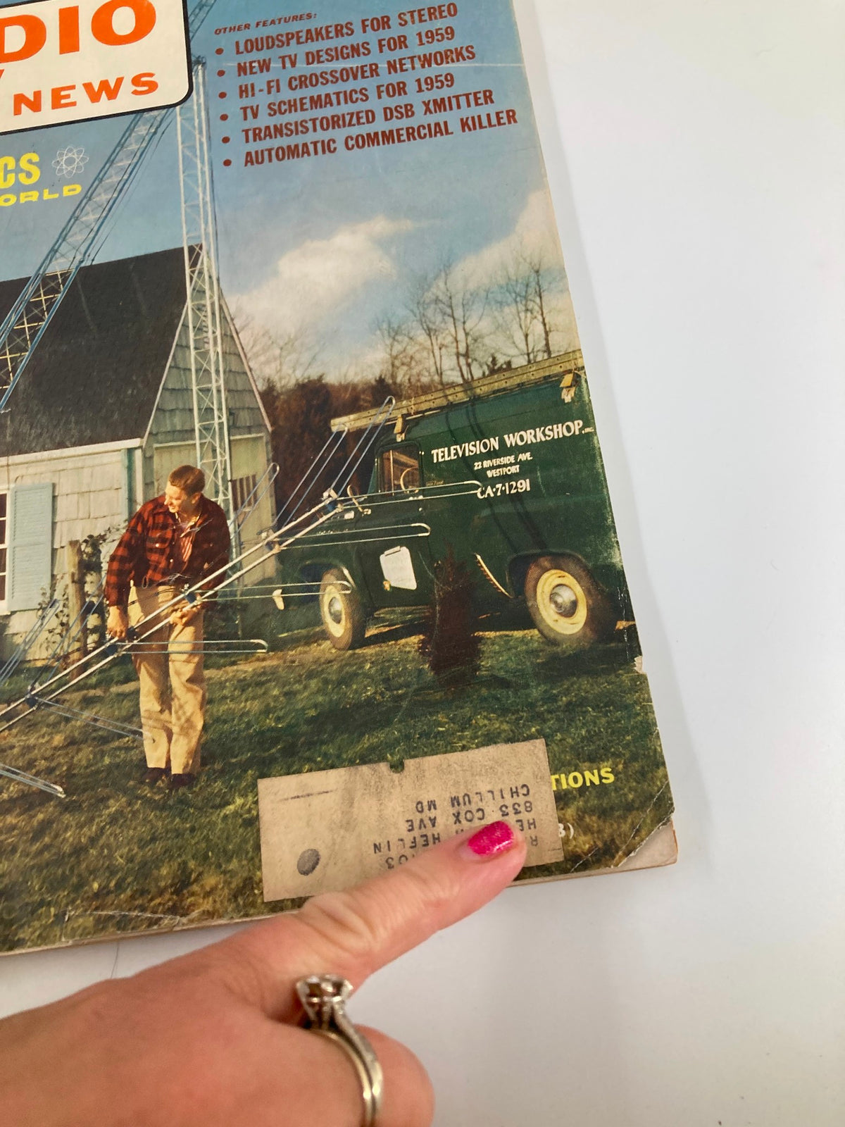 Close-up of the VTG Radio TV & News Magazine April 1959 cover, highlighting the text and features including loudspeakers for stereo and television workshop information.