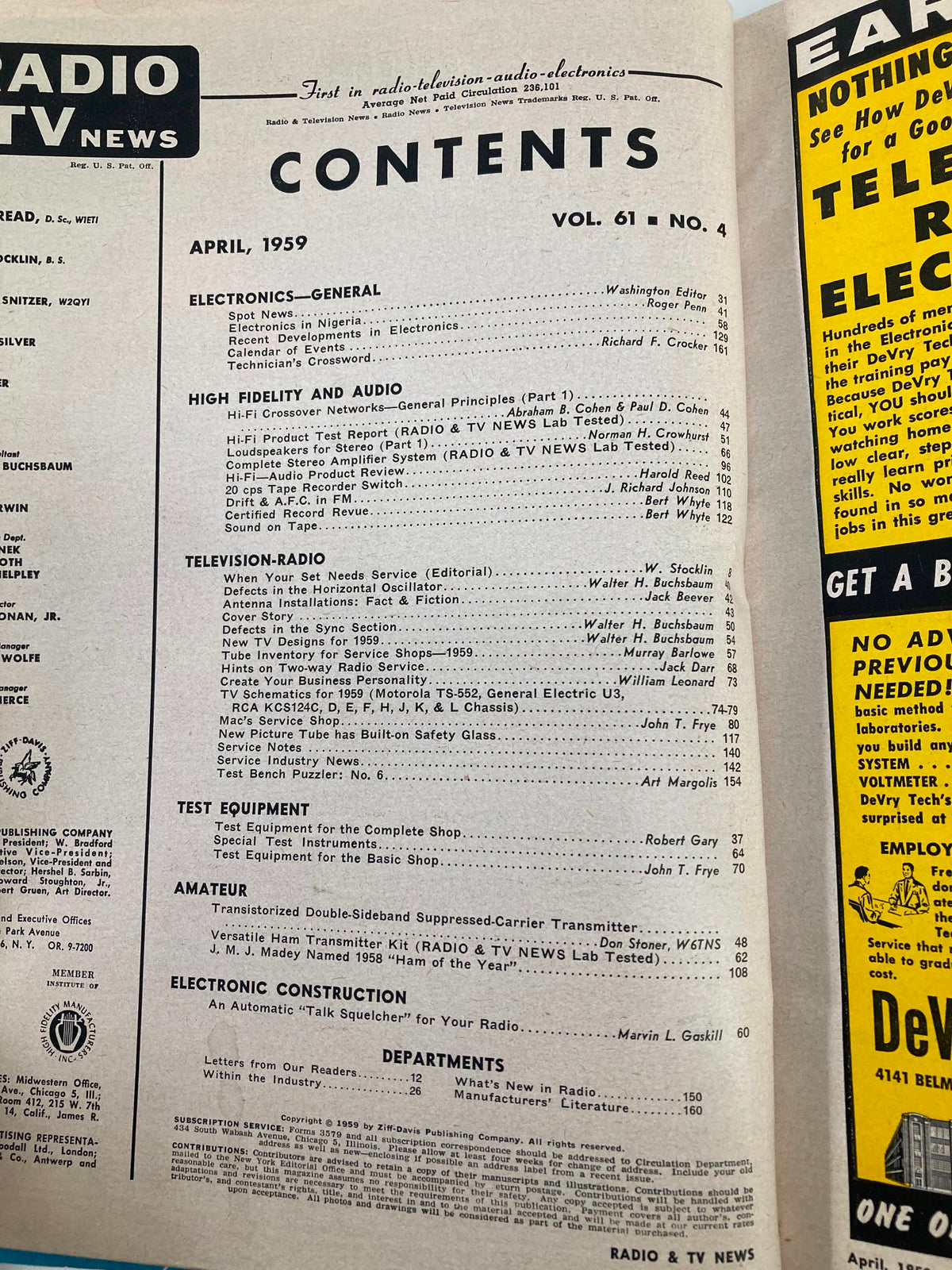 Contents page of the VTG Radio TV & News Magazine April 1959 showcasing articles on electronics, audio, and television topics, ideal for collectors of vintage technology.