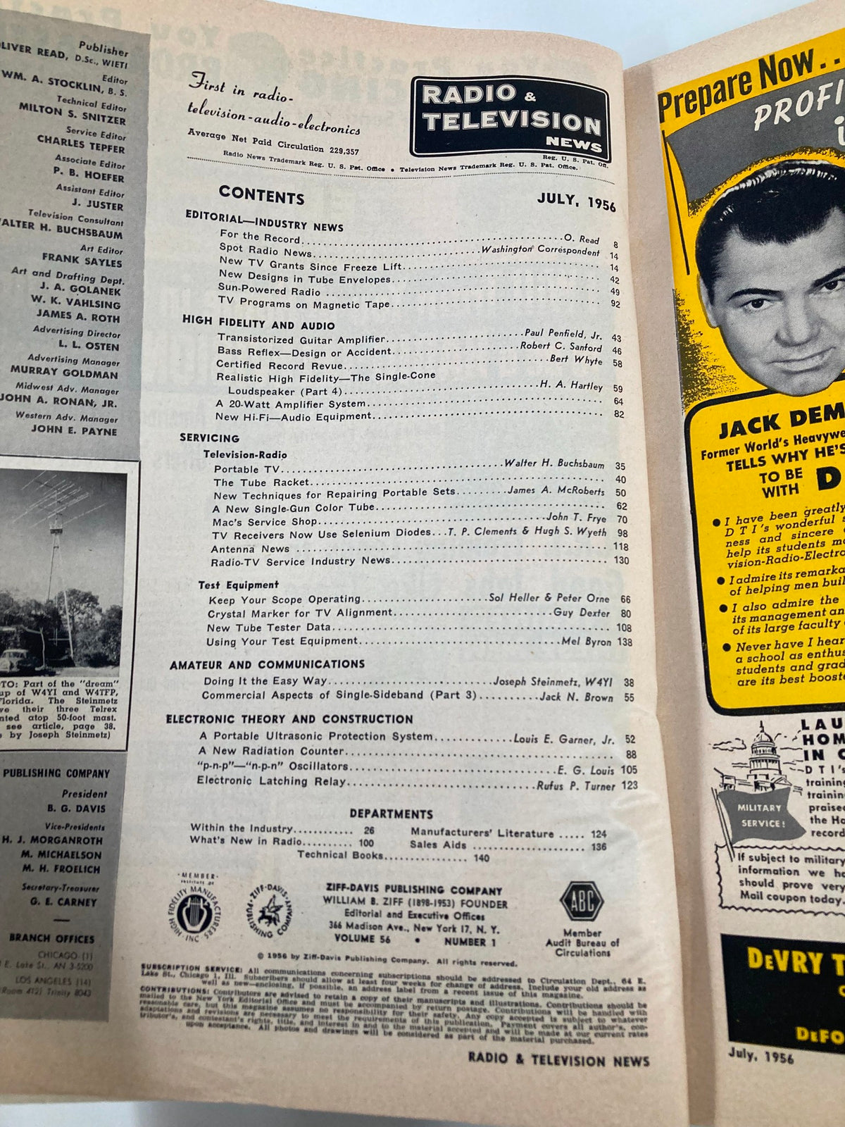 Contents page of VTG Radio & Television News Magazine July 1956 detailing articles on high fidelity audio, television servicing, and communication technology.