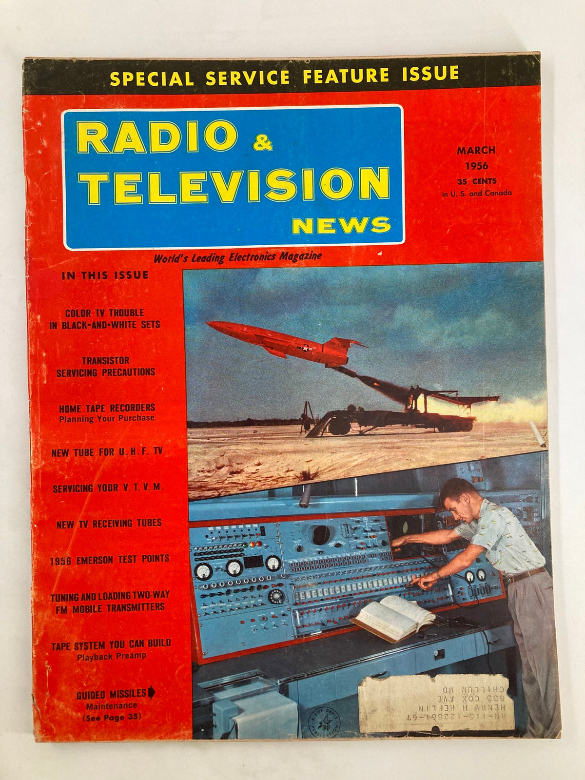 Cover of VTG Radio & Television News Magazine from March 1956 featuring articles on transistor servicing precautions and advancements in electronics, accompanied by a striking image of a missile launch.