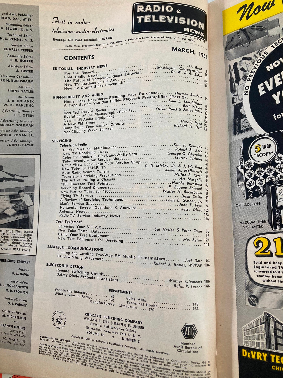 Contents page of VTG Radio & Television News Magazine from March 1956 listing articles including servicing techniques and the evolution of radio and television technology.