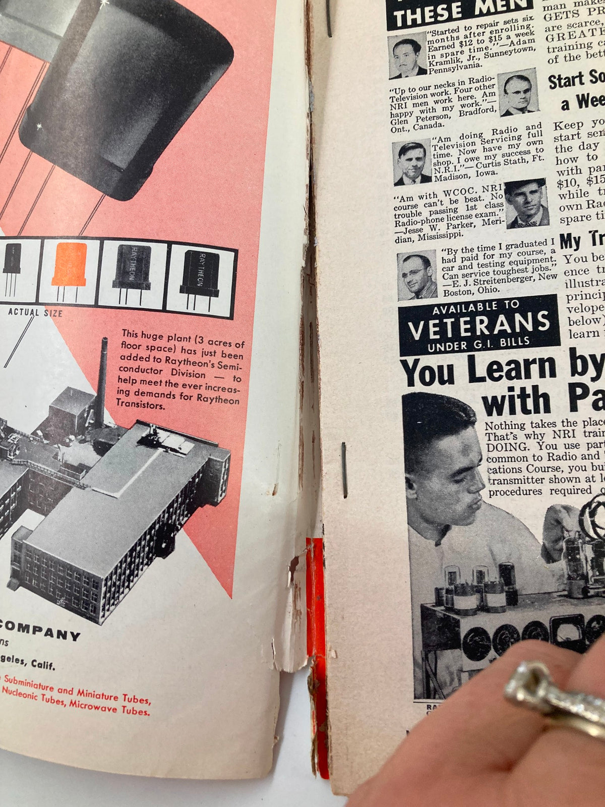Interior page of the VTG Radio & Television News Magazine May 1956 displaying advertisements and educational content related to radio and television technologies.
