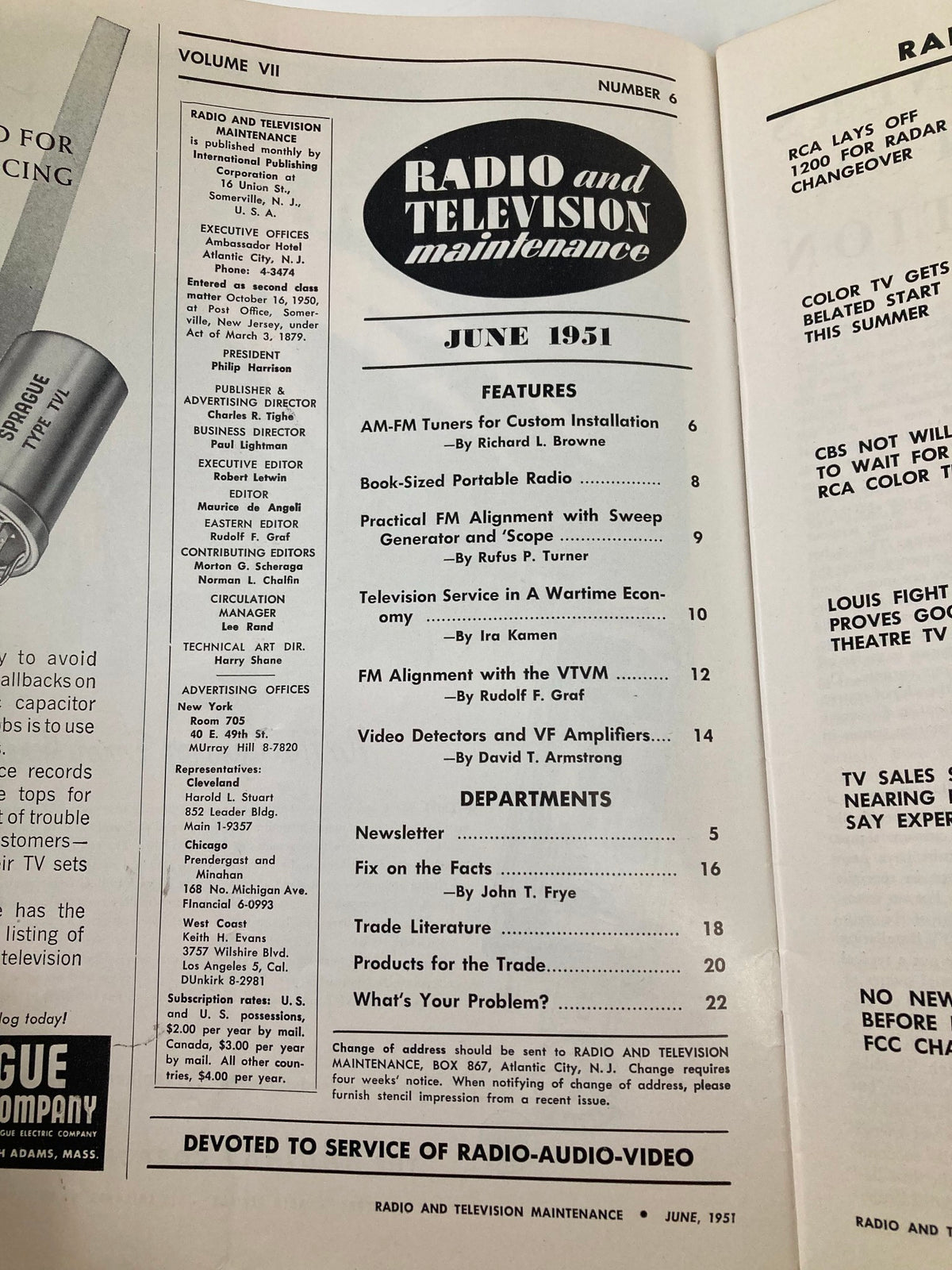 VTG Radio and Television Maintenance June 1951 cover featuring articles on AM-FM tuners, FM alignment techniques, and television service in wartime economy.